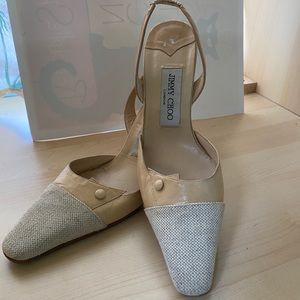 Jimmy Choo linen and leather kitten heels